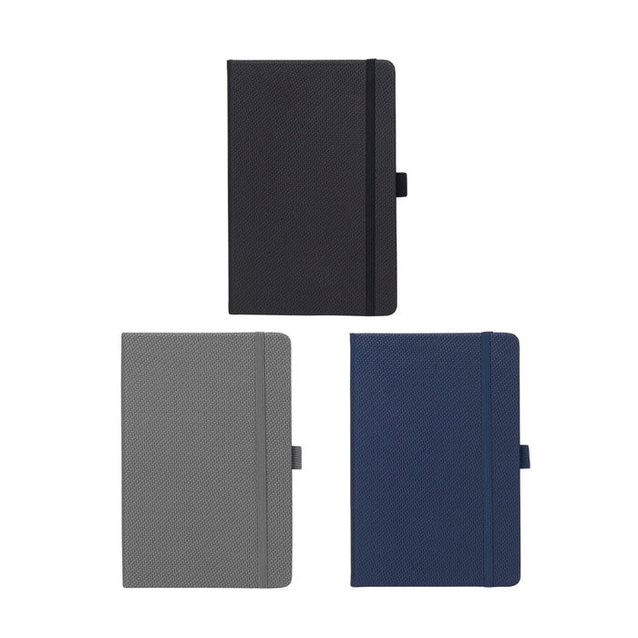 A5 Carbon Notebook - A5 Carbon Notebook in black, grey, and navy, featuring a textured cover and an elastic band closure.
