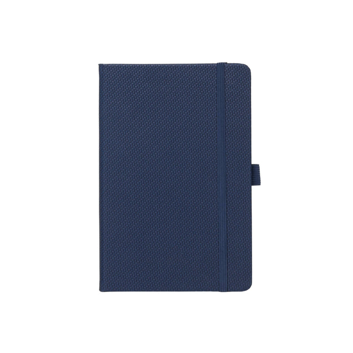 A5 Carbon Notebook - A5 carbon notebook in navy blue with a textured cover and elastic band closure. Features a logo on the front.