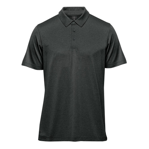 Men's Volante H2X-DRY Polo - A dark grey short-sleeved polo shirt with a collar and three buttons, featuring a logo.