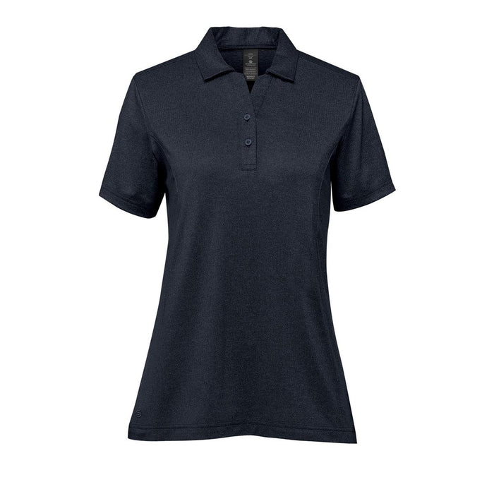 Women's Volante H2X-DRY Polo - A navy women's polo shirt with a collar, short sleeves, and a button placket, featuring a logo.