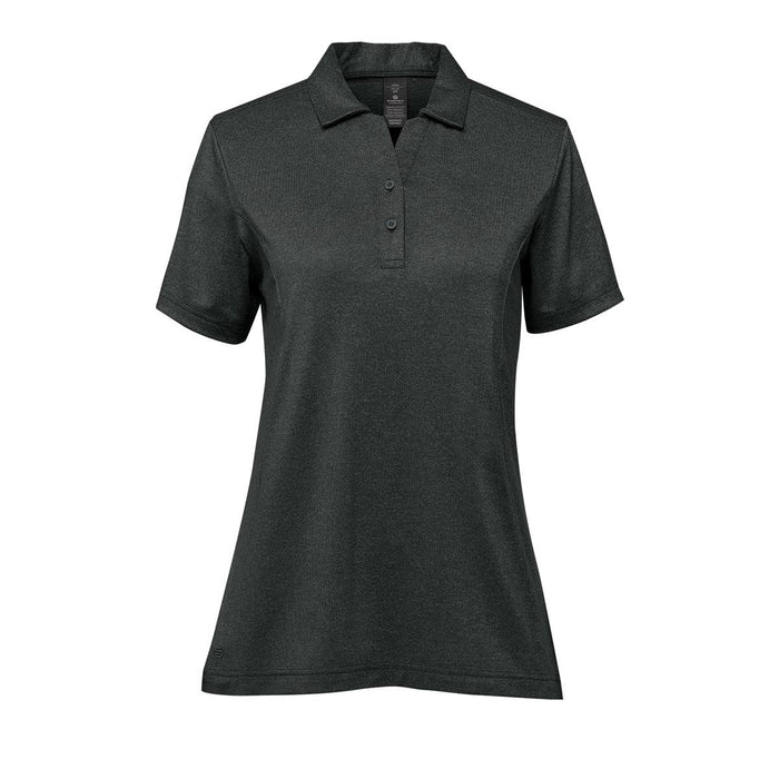 Women's Volante H2X-DRY Polo - A women's short-sleeve polo in dark grey, featuring a classic collar and three buttons, with a logo on the chest.