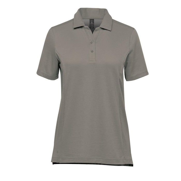 Women's Nevada Micro Pique Polo - A women's short-sleeve polo shirt in grey, featuring a collar and a logo on the side.