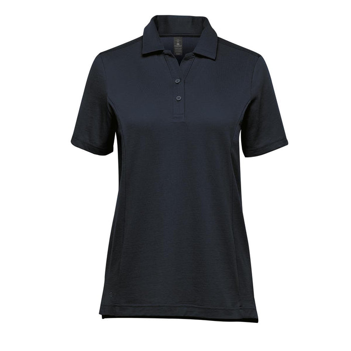 Women's Nevada Micro Pique Polo - A women's navy blue micro pique polo shirt featuring a classic collar and button placket, with a logo on the chest.