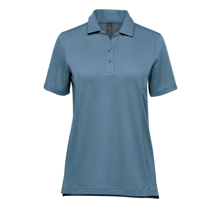 Women's Nevada Micro Pique Polo - A women's polo shirt in a soft blue hue, featuring a collar and two-button placket, with a logo.