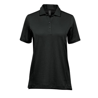 Women's Nevada Micro Pique Polo - A black women's polo shirt with a collar and three buttons, featuring a logo on the chest.