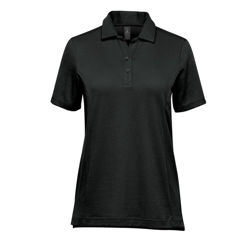 Women's Nevada Micro Pique Polo - A black women's polo shirt with a collar and three buttons, featuring a logo on the chest.