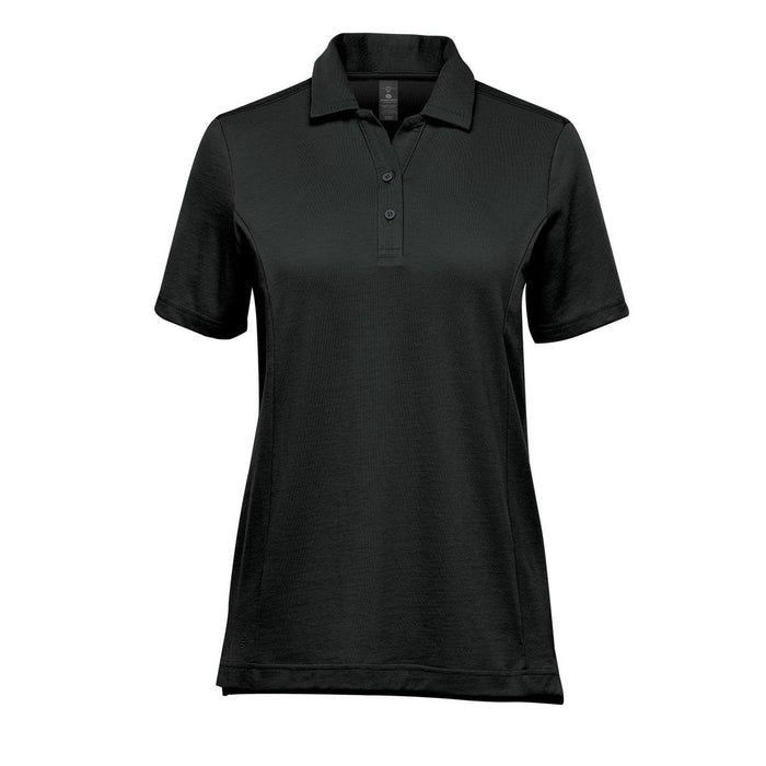 Women's Nevada Micro Pique Polo - A black women's polo shirt with a collar and three buttons, featuring a logo on the chest.
