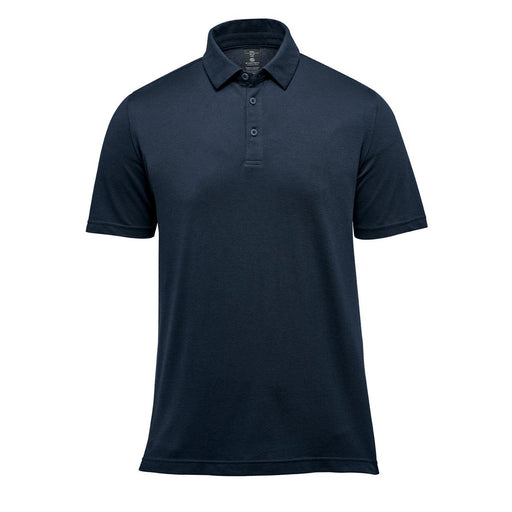 Men's Sonora H2X-Dry Polo - A navy blue men's polo shirt with a collared neck and short sleeves, featuring a logo.
