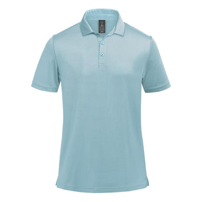 Men's Monterey Polo - A light blue men's polo shirt with a collar and three-button placket, featuring a logo on the chest.