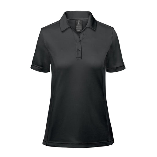 Women's Monterey Polo - A black women's polo shirt with a classic collar and short sleeves, featuring a logo on the chest.