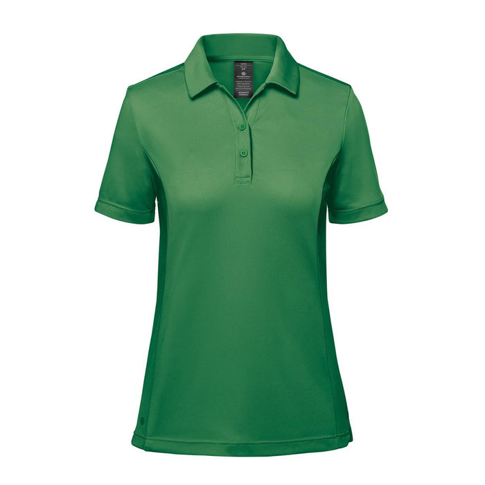 Women's Monterey Polo - A green women's polo shirt with a collar and short sleeves, featuring a logo on the chest.