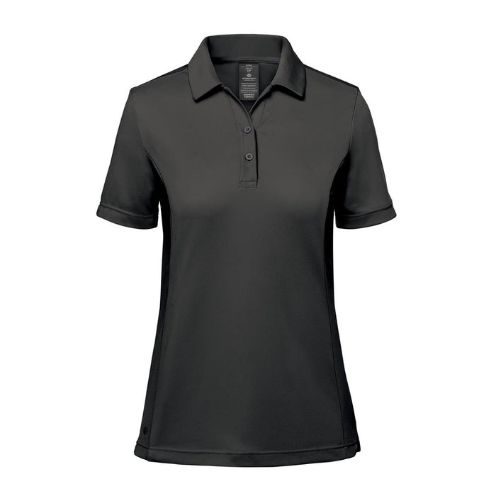 Women's Monterey Polo - A women's short-sleeve polo shirt in black with a collar and a branding logo.