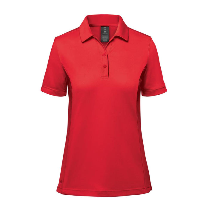 Women's Monterey Polo - A red women's polo shirt with a collar and short sleeves, featuring a branding logo.