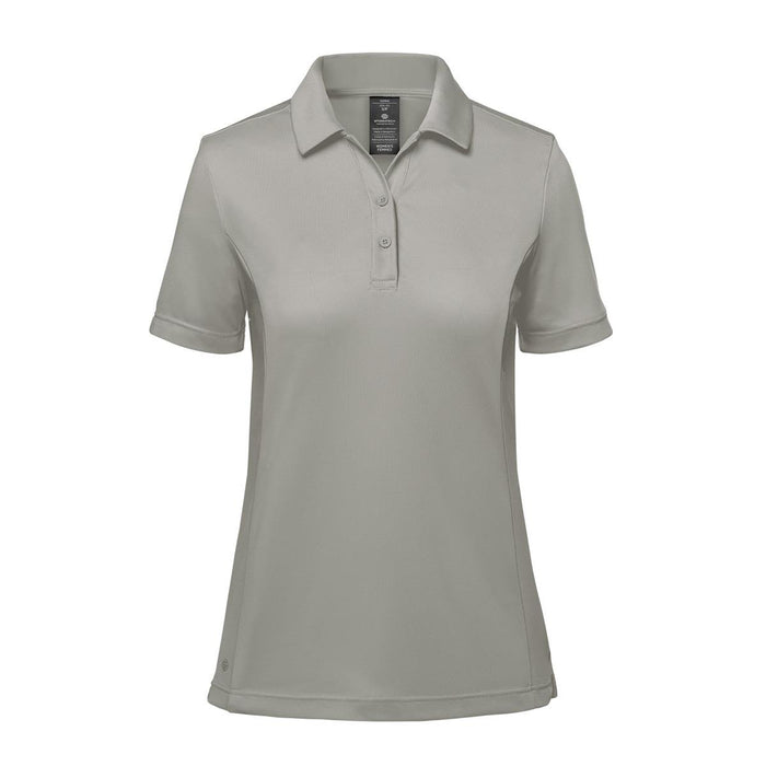 Women's Monterey Polo - A women's polo shirt in a light grey colour. It features a collar, short sleeves, and has a branding logo.