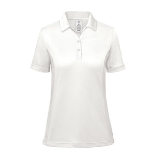Women's Monterey Polo - A white women's polo shirt with a collar and short sleeves, featuring a branded logo.