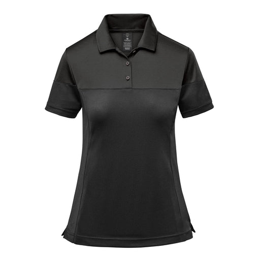 Women's Monterey Two-Tone Polo - A women's two-tone polo shirt in black, featuring a collared neckline and short sleeves. It includes a logo.