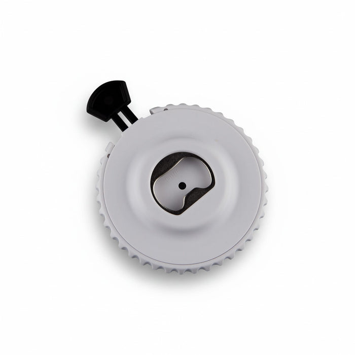 Yes or No Game Set Bottle Opener - A drink bottle opener in white, featuring a circular design with a black lever and a small logo.