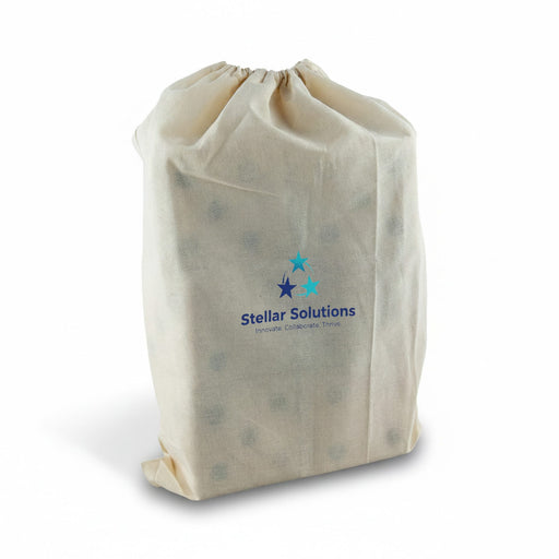 Wooden Yard Dice set - A drawstring bag in cream featuring a logo. The bag appears to contain wooden yard dice inside.