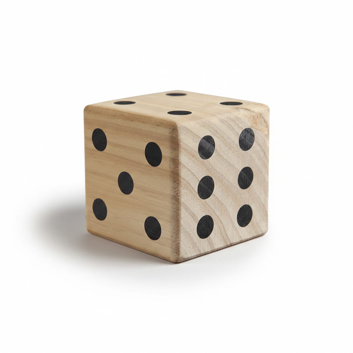 Wooden Yard Dice set - A wooden yard dice set featuring large, polished cubes with black dots on a natural wood finish.