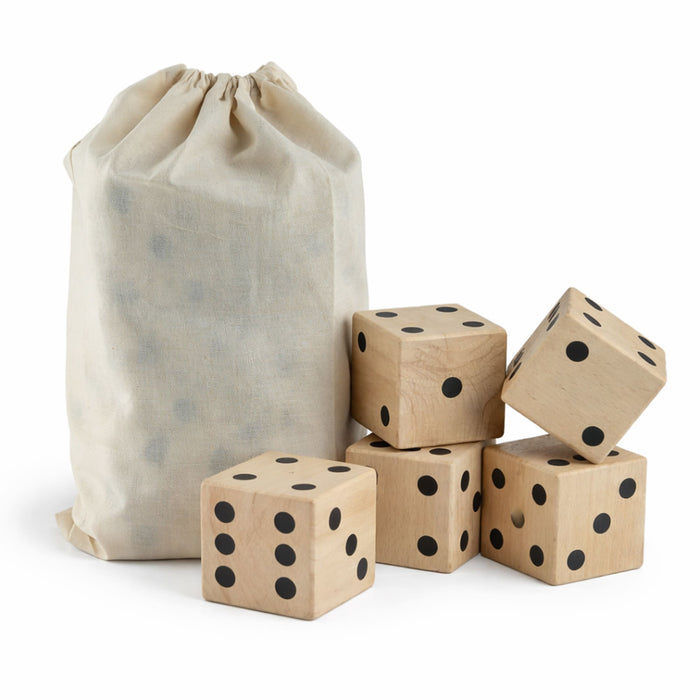 Wooden Yard Dice set - A set of wooden yard dice in a drawstring bag, featuring five light-coloured dice with black dots.