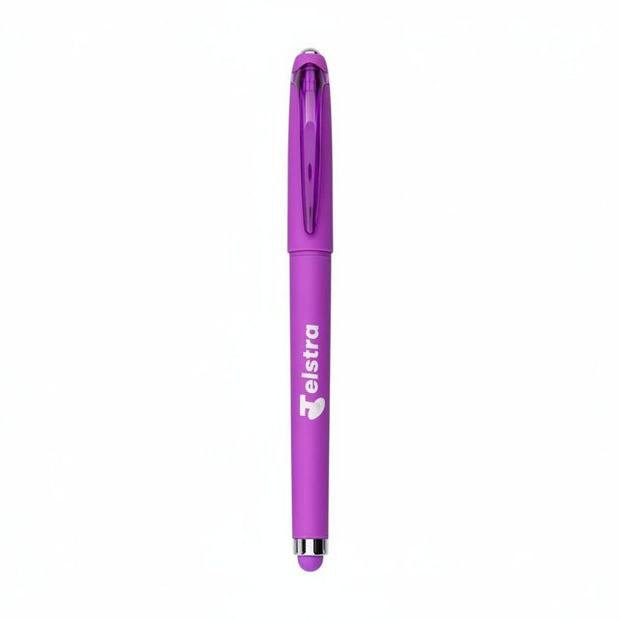 Fidget Gel Pen - A purple fidget gel pen with a clip and a logo. The pen features a smooth design and a rounded tip.