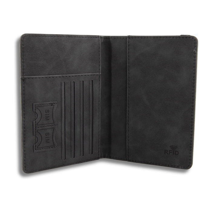 Traveller Passport Wallet - A grey travel wallet featuring slots for cards and a compartment for tickets, with RFID protection.
