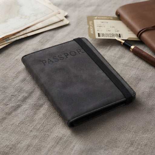 Traveller Passport Wallet - A black passport wallet with an elastic band, resting on a textured surface alongside travel documents and a pen.