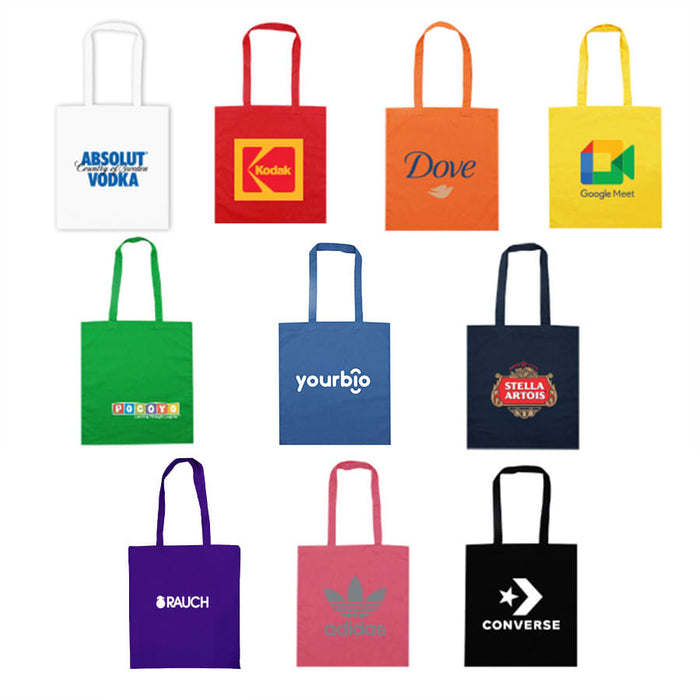Colourful Calico Tote Bag - A collection of colourful tote bags in various shades with multiple logos and designs.