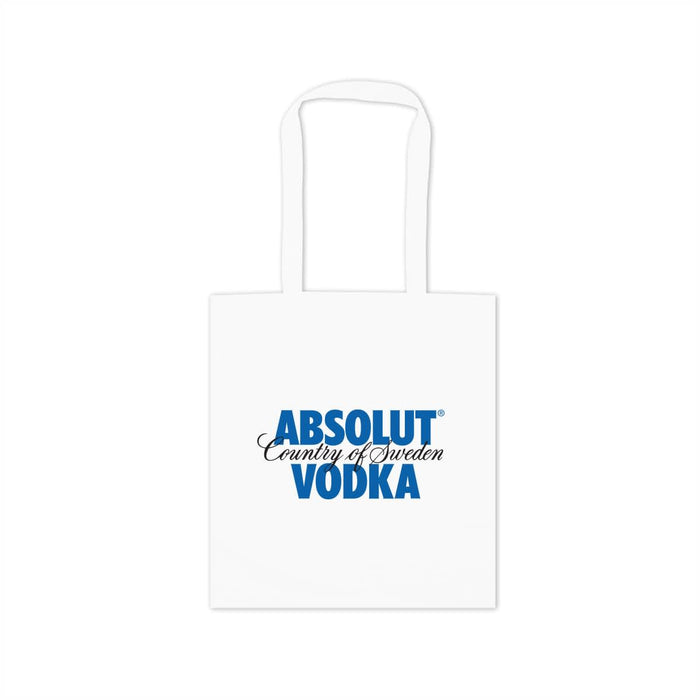 Colourful Calico Tote Bag - A white tote bag featuring a logo in blue text. It has two handles for carrying.
