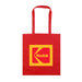 Colourful Calico Tote Bag - A red tote bag featuring a large yellow square with a logo, including a prominent 'K' design.