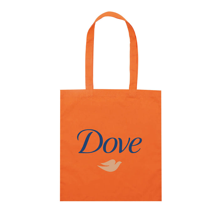 Colourful Calico Tote Bag - An orange tote bag featuring a logo and the word "Dove" in blue lettering. It has two handles for carrying.