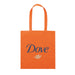 Colourful Calico Tote Bag - An orange tote bag featuring a logo and the word "Dove" in blue lettering. It has two handles for carrying.
