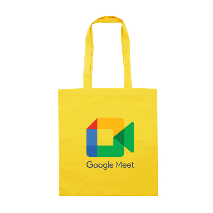 Colourful Calico Tote Bag - A yellow tote bag with short handles and a logo design featuring a camera icon and text.