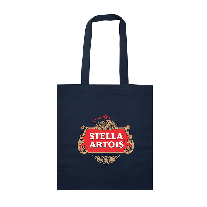 Colourful Calico Tote Bag - A navy blue tote bag with a decorative logo on the front and two sturdy handles.