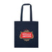 Colourful Calico Tote Bag - A navy blue tote bag with a decorative logo on the front and two sturdy handles.