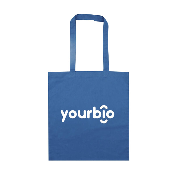 Colourful Calico Tote Bag - A blue tote bag with two handles and a logo printed on the front.