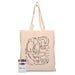 Colourful Calico Tote Bag - A calico tote bag featuring a line drawing of an elephant by a water body, alongside a set of coloured markers.
