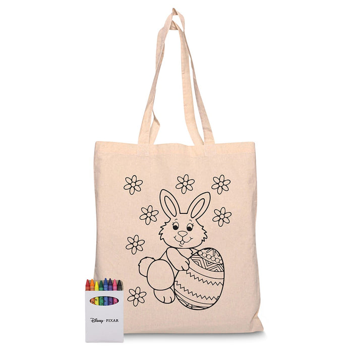 Colourful Calico Tote Bag - A natural-coloured tote bag featuring a bunny design with flowers and an egg, accompanied by a set of colourful crayons.