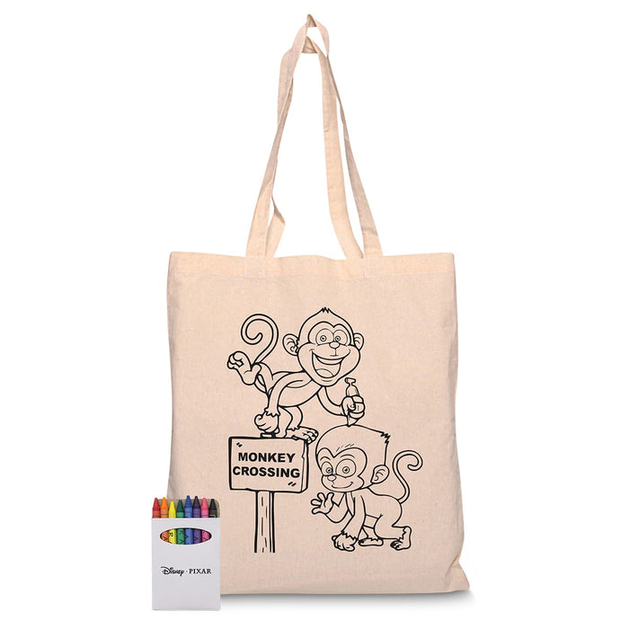 Colourful Calico Tote Bag - A colourful calico tote bag featuring a monkey design, with a box of crayons beside it. Includes a logo.