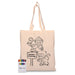 Colourful Calico Tote Bag - A colourful calico tote bag featuring a monkey design, with a box of crayons beside it. Includes a logo.