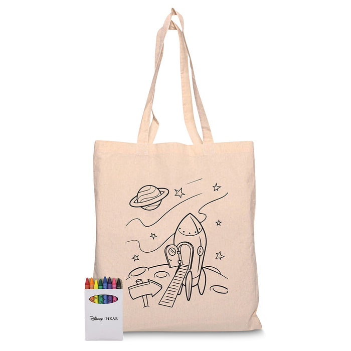 Colourful Calico Tote Bag - A natural canvas tote bag featuring a rocket design with stars and planets, alongside a pack of colourful markers.