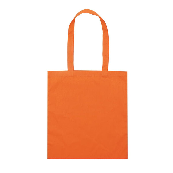 Colourful Calico Tote Bag - An orange tote bag with two handles and a blank surface, featuring a logo.