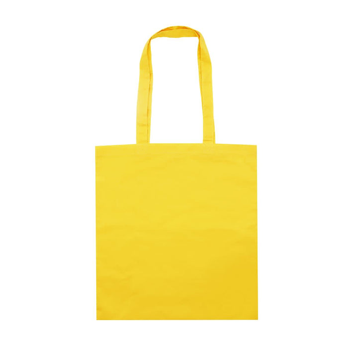 Colourful Calico Tote Bag - A vibrant yellow tote bag with two handles, featuring a plain design and a logo.