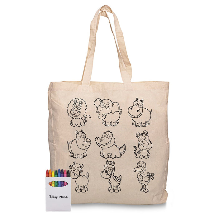 Squiggle Calico bag + Crayon set - A cream-coloured tote bag featuring outlined cartoon animals, accompanied by a crayon set in various colours.