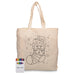 Squiggle Calico bag + Crayon set - A beige calico bag featuring a colouring design of a Christmas stocking, accompanied by a crayon set in various colours.