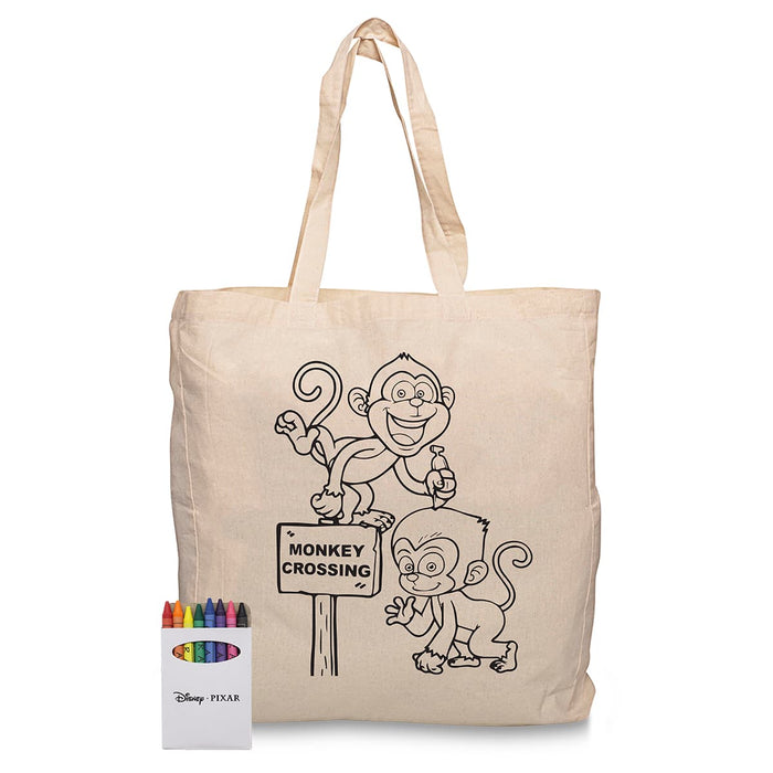 Squiggle Calico bag + Crayon set - A cream calico bag featuring monkey illustrations and a crayon set with multiple colours.