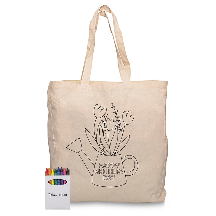 Squiggle Calico bag + Crayon set - A cream tote bag featuring a floral watering can design and a crayon set in various colours.