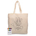 Squiggle Calico bag + Crayon set - A cream tote bag featuring a floral watering can design and a crayon set in various colours.