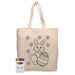 Squiggle Calico bag + Crayon set - A cream calico bag featuring a colouring design of a bunny and flowers, accompanied by a set of crayons.