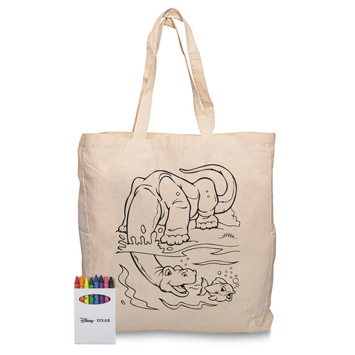 Squiggle Calico bag + Crayon set - A cream calico bag with a cartoon animal design and a set of colourful crayons beside it.